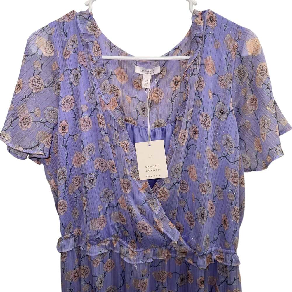 NWT LC Lauren Conrad Purple Green Floral Ruffle Wrap Midi Dress Women’s Plus 0X - Picture 2 of 5